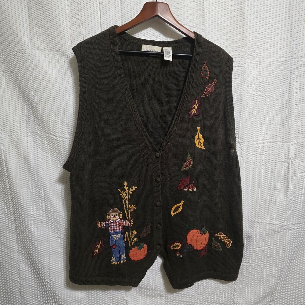 Vintage Lemon Grass 3X Fall Sweater Vest Scarecrow Pumpkin Embroidered 90s